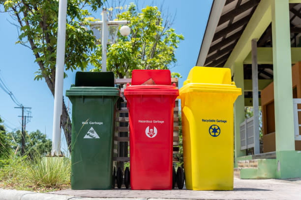 istock Garbage bins for sorting waste materials beside the walk way. Recycling bin stands outdoor. 2153343547