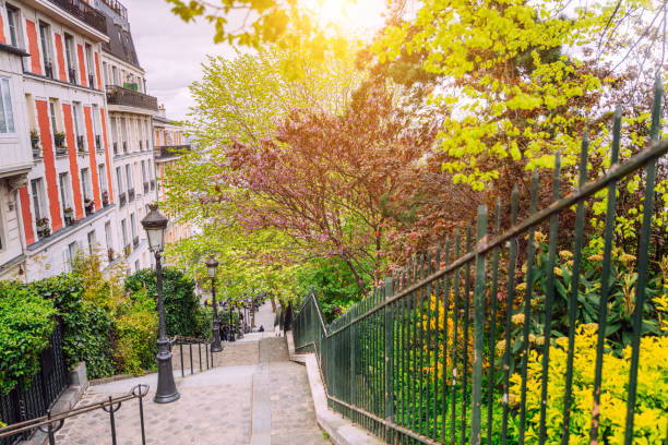 Picturesque stairway in Montmartre, Paris, with surrounding lush greenery and historic buildings during spring.\n\nMontmartre, Paris, France