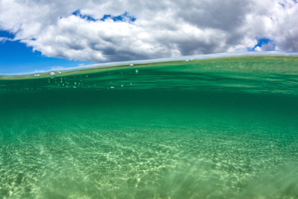istock Under over capture of blue sky with crystal clear ocean water 2153347618