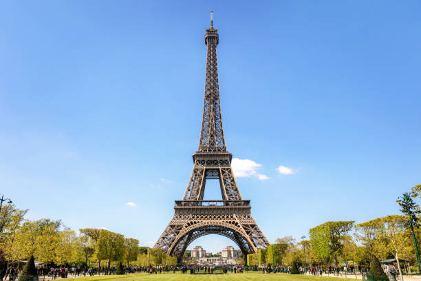 Eiffel Tower in Paris, France on a Sunny Day Beautiful view of the Eiffel Tower in Paris, France with clear blue skies and green surrounding trees. eiffel tower stock pictures, royalty-free photos & images