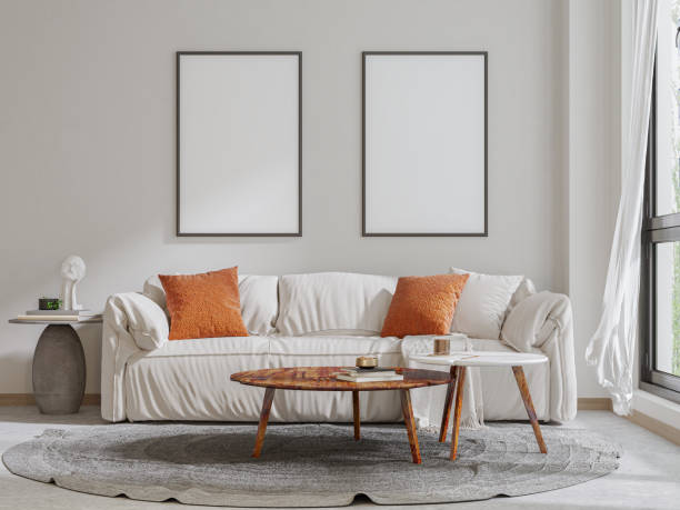 istock mock up poster frame in modern interior background, living room, Scandinavian style, 3D render, 3D illustration 2153348338