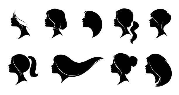 beauty woman face set in silhouette hairstyle beauty woman face set in silhouette hairstyle for decorative, logo, beauty feminism concept vector women beauty hair dye stock illustrations