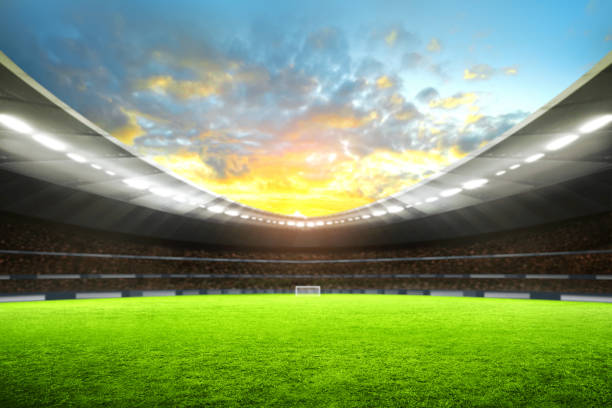 istock Empty nobody soccer stadium field with blue sky, soccer background 2153356964