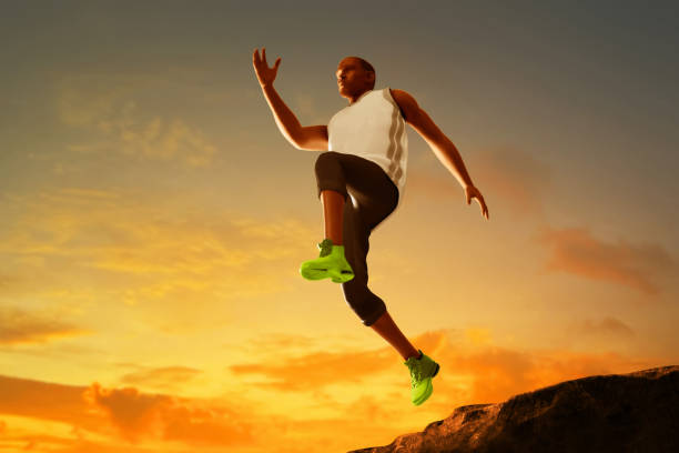 Low angle view of young man runner jumping on mountain with sunset sky, 3d illustration