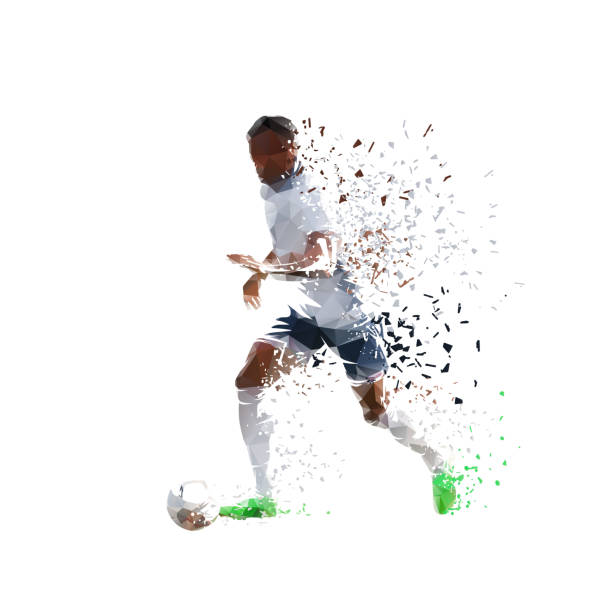istock Football player, running with soccer ball, abstract isolated low poly vector illustration 2153361889