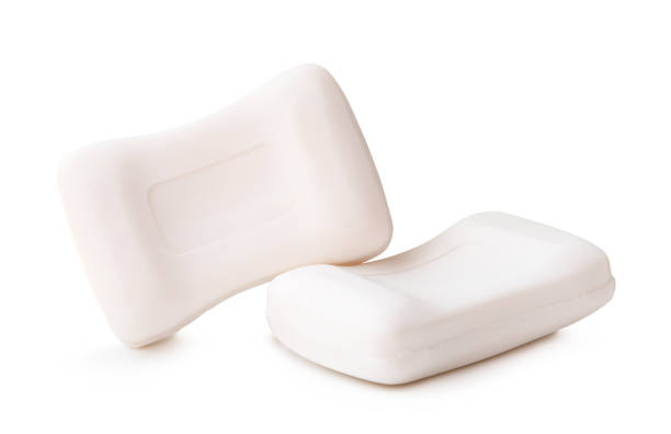 istock Front view of two bars of dry white soap in stack isolated on white background with clipping path 2153362321