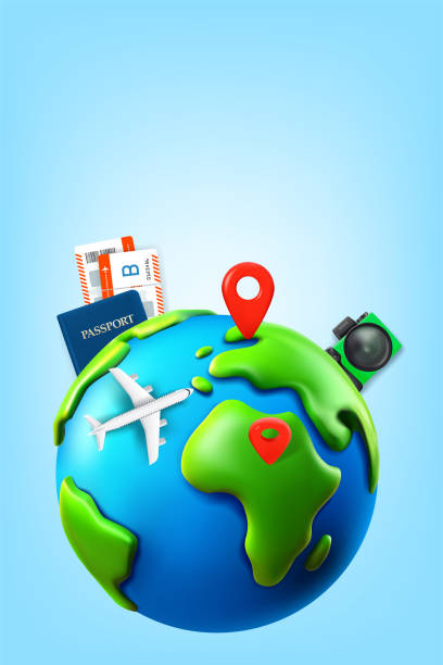istock The Earth with pins, aircraft, tickets, passport and digital camera. 3d vector banner with copyspace 2153363315