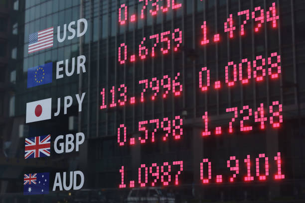 istock A digital board showing foreign exchange rates behind a window glass reflecting commercial buildings. Illustration of the concept of FOREX, currency trading and monetary policies 2153363348