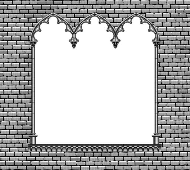 istock Engraved vintage drawing of a classic gothic architectural decorative frame on a brick wall background 2153364948