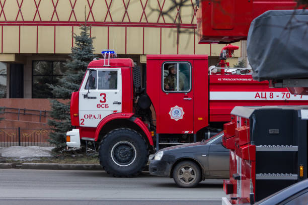 Tarko-Sale, Russia - March 2, 2024: Firetruck Ural-4320 in the city street.