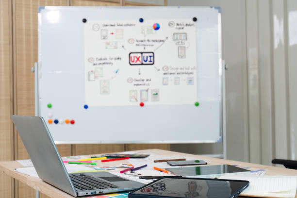 istock A white board with a diagram on it and a laptop on a desk 2153367416