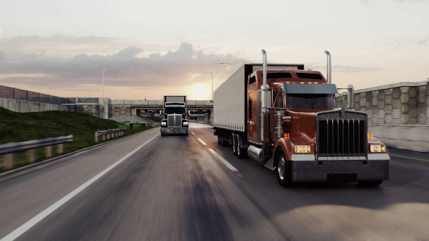 istock American style truck on freeway pulling load. Transportation theme. 3D illustration 2153373800