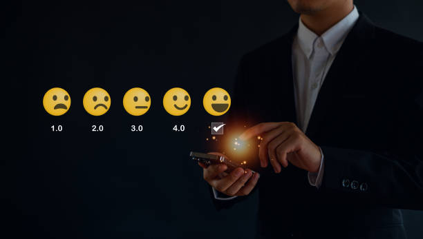 istock User give rating to service excellent experience on smartphone application, Client evaluate quality of service reputation ranking of business. Customer review satisfaction feedback survey concept. 2153377223