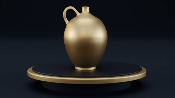 istock 3D golden clay jar on a display stage isolated on dark background 2153381963