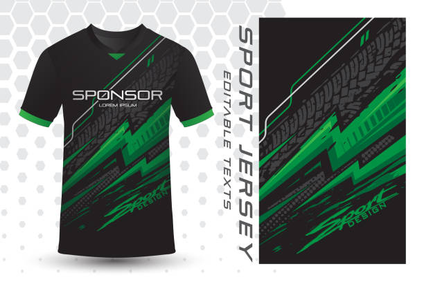Sports jersey design sublimation geometric abstract colour background sporty football tennis soccer basketball Sports jersey design sublimation green gray color abstract lightning thunder background pattern sporty football tennis soccer basketball gamer abstract shirts stock illustrations