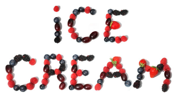 istock word ICE CREAM made from raspberry, blackberry, strawberry, green leaf, blueberries, grape. isolated berries letters for party 2153388553