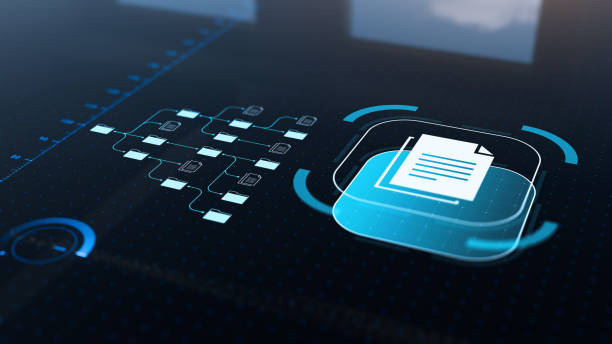 Document management system utilizing AI for automated processes, enhancing workflow productivity and organization. Futuristic holographic UI. Digital transformation. Document management system utilizing AI for automated processes, enhancing workflow productivity and organization. Futuristic holographic UI. Digital transformation. process automation office stock pictures, royalty-free photos & images