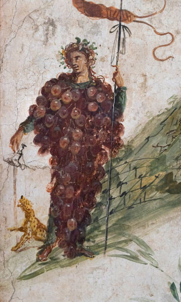 Pompeii God Bacchus dressed with grapes in front of Mt. Vesuvius - House of Centenary secondary atrium - 68-79 AD