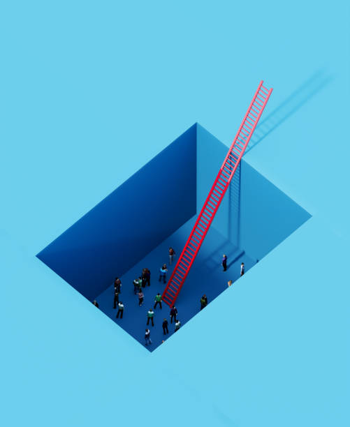 istock Crowd Of People Standing In A Pit Before A Red Ladder On Blue 2153400948