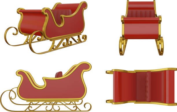 isolated santa claus sleigh 3d illustration. christmas sleigh front, side and top view isolated santa claus sleigh 3d illustration. christmas sleigh front, side and top view vector santa sleigh cutout stock illustrations
