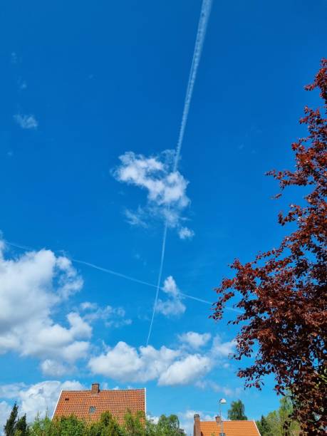 istock Airplane streaks in blue sky forming a cross field 2153405324