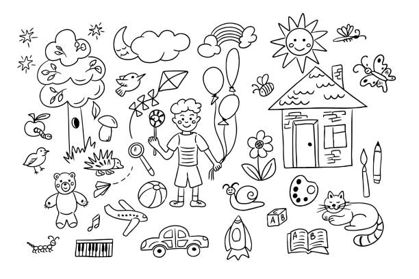 istock Childish doodle set of like kids drawings 2153406387