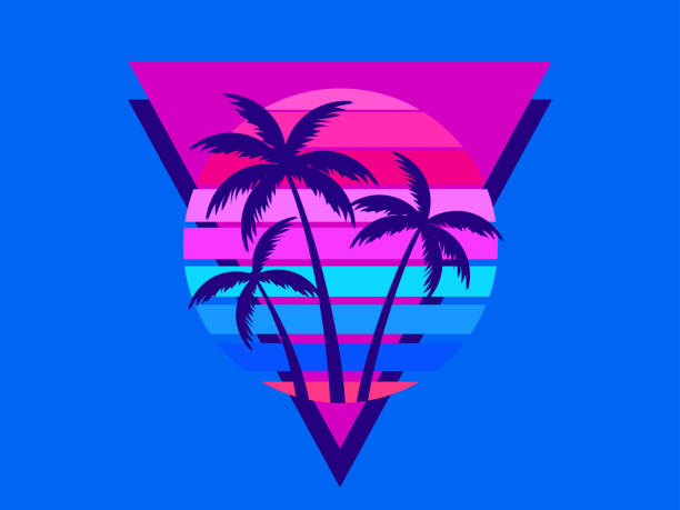 istock Retro futuristic sunset with palm trees and triangle in 80s style. Sci-fi palm trees at sunset in synthwave and retrowave style. Design for print, banners and posters. Vector illustration 2153409415