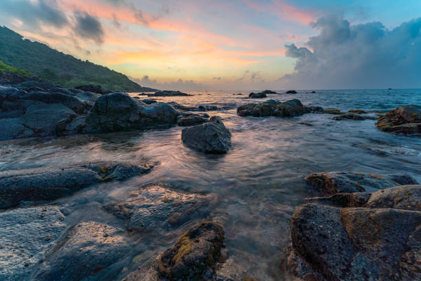 Ghenh Bang in sunrise, a famous rock field by the beach of Son Tra peninsula, Da Nang city, Quang Nam Da Nang province, central Vietnam