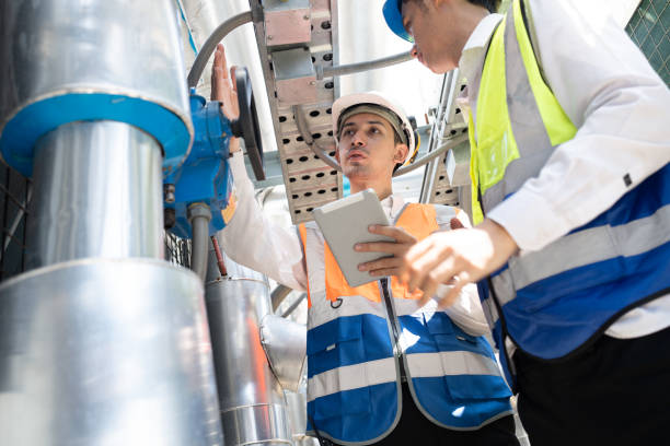 istock Two Engineers are inspecting a large building or industrial facility's cooling system for the air conditioning on rooftop building. 2153414347