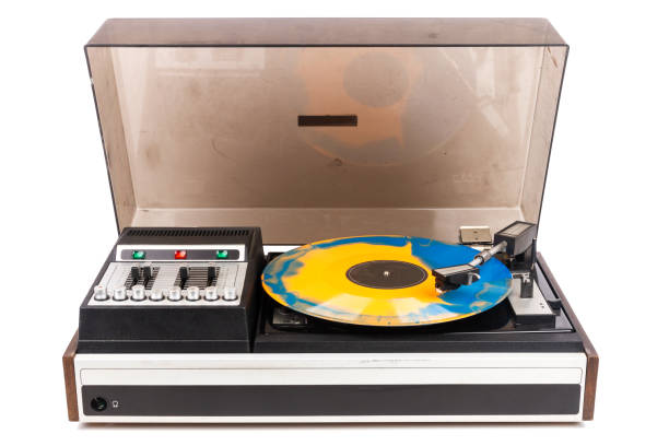 istock Vintage turntable record player with blue and orange vinyl 2153419675