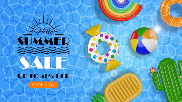 istock summer sale banner with inflatables floating on swimming pool water 2153425270