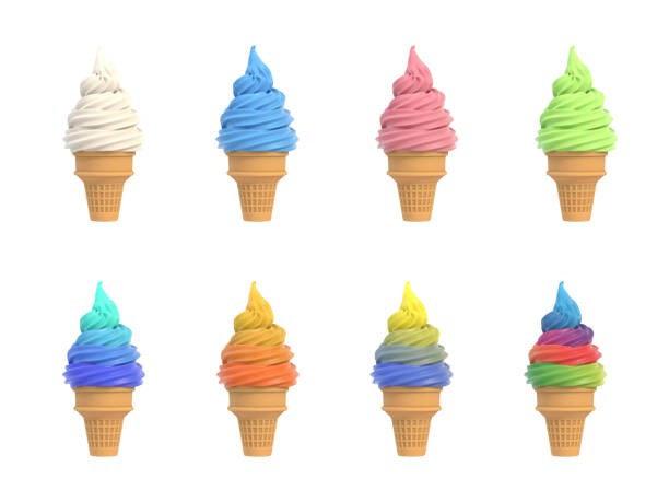 Set of soft ice icecream in waffle cones, assortment of tastes, isolated on white background. 3D illustration