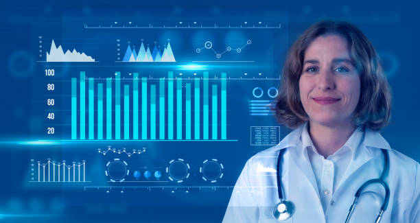 istock The Doctor is looking at the digital interface, giving attention to specific data on the HUD. This is futuristic, virtual reality, hologram, and technology concept. Photo of confident female doctor, looking at camera with smile. 2153442235
