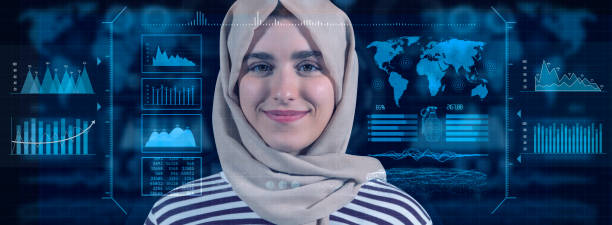 istock Personal data collection. Muslim woman in hijab, collage with data charts on virtual screen.Woman Showing Recent Updates. Executive Displaying Critical Messages. 2153442362