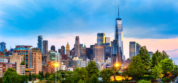 istock Panoramic view of Lower Manhattan skyline at dusk 2153444505