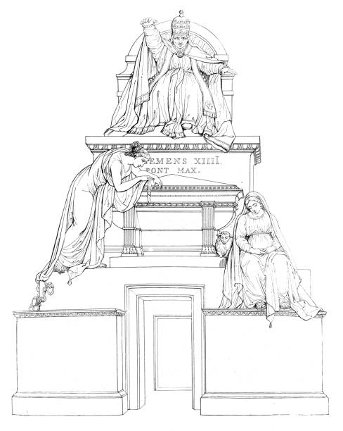 Tomb of Pope Clement XIV, monument by Antonio Canova (circa 18th century). Vintage etching circa 19th century.