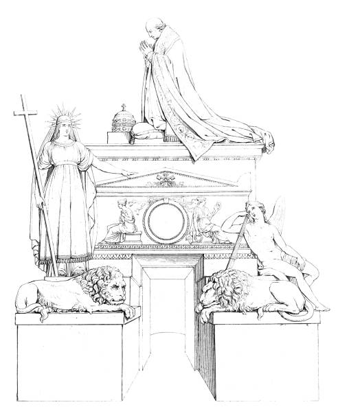 Tomb of Pope Clement XIII, monument by Antonio Canova (circa 18th century). Vintage etching circa 19th century.