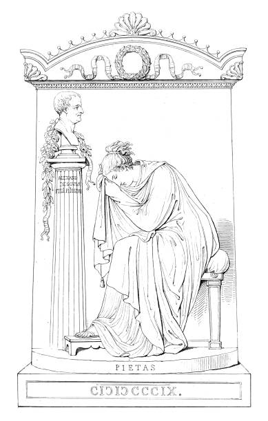 Funerary Stele of Count Alexandre de Sousa Holstein, monument by Antonio Canova (circa 19th century). Vintage etching circa 19th century.