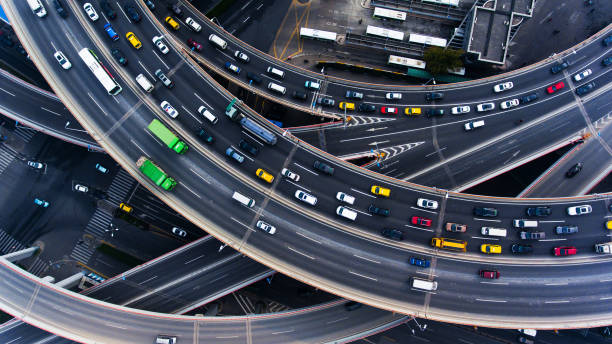 Aerial view at Nanpu bridge highway junction in Shanghai
