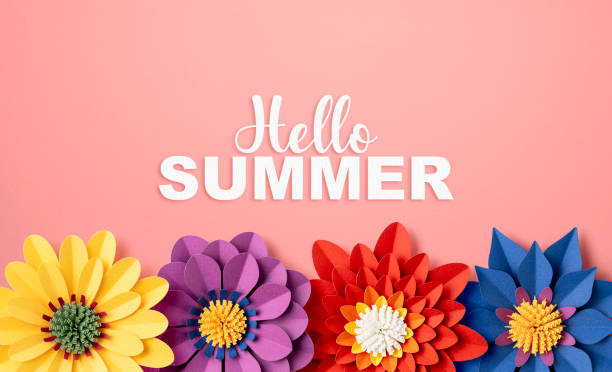 istock Hello Summer. Handmade colorful paper flowers on pink background 2153452488