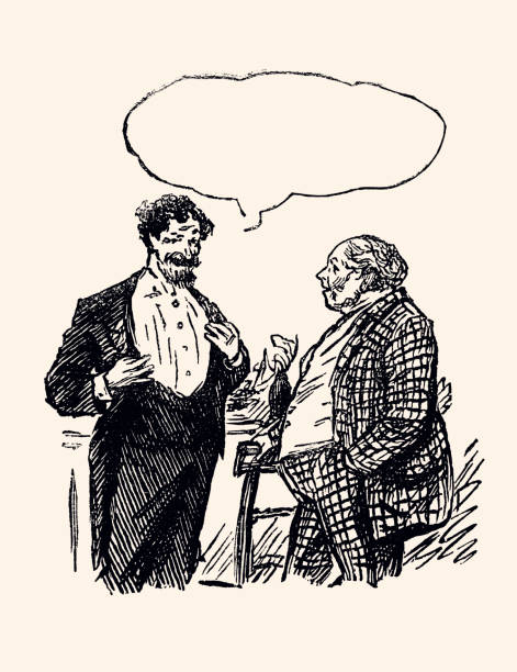Lively discussion between two men from the 19th century.Vintage etching circa late 19th century. Digital restoration by pictore.
