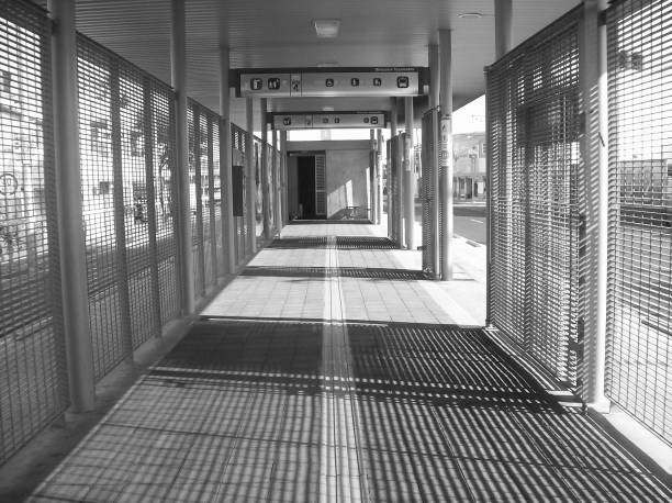 Subway station outside, external, transportation, no people, black and white