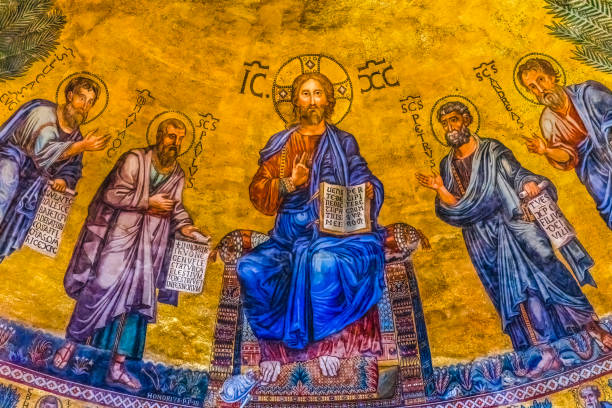 Ancient Jesus Disciples Peter Paul Mosaic Papal Basilica Saint Paul Beyond Walls Cathedral Church Rome Italy. One of 4 Papal basilicas, established over Saint Paul's burial place in 324 by Emperor Constantine