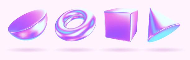 istock Set of realistic holographic geometric 3d shapes with chrome and gradient effect. Cube, ring, hemisphere, cone. 2153463648