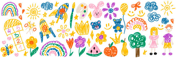 illustrazioni stock, clip art, cartoni animati e icone di tendenza di i disegni di scarabocchio per bambini hanno un grande set. collezione a mano libera bambino bambino disegnato elementi: sole, albero, ragazzo, ragazza, orso, coniglio, fiore, rucola. scarabocchio disegno a mano. illustrazione vettoriale isolata su sfondo b - gessetto da lavagna