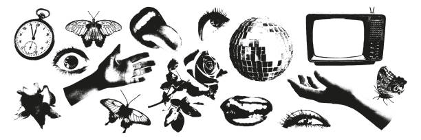 ilustraciones, imágenes clip art, dibujos animados e iconos de stock de elementos de efecto punteado de semitono de moda conjunto de ilustración vectorial - musica punk