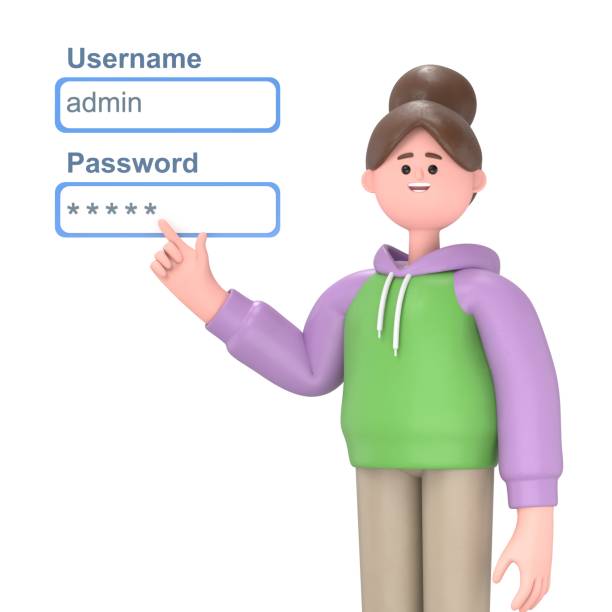 istock 3D illustration of Asian girl Renae admin network engineer pushing username and password fields login box.3D rendering on white background 2153472130