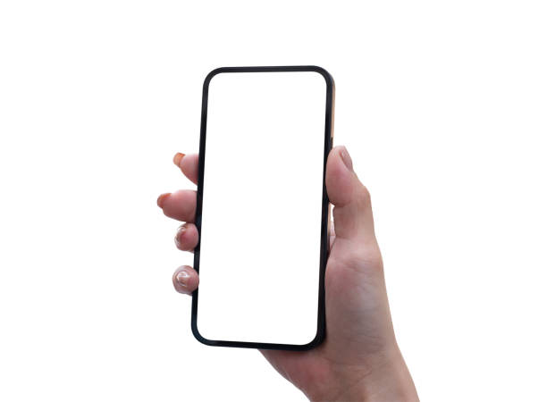 istock Woman hand holding, showing blank screen mobile phone isolated on white background, mockup 2153475367