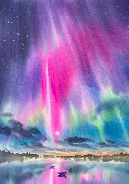 istock Northern lights under the lake watercolor background 2153479841