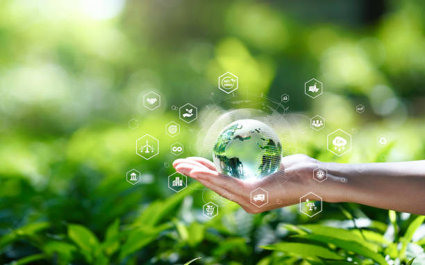 Green technology or Environmental technology to Sustainable development goal (SDGs) concept. Hands holding Global with Environment icon on a green background. Business Value Chain. Net zero concept. tecnología verde o tecnología ambiental para el concepto de objetivos de desarrollo sostenible (ods). manos sosteniendo el icono de global con medio ambiente sobre un fondo verde. cadena de valor empresarial. concepto de cero emisiones netas.
